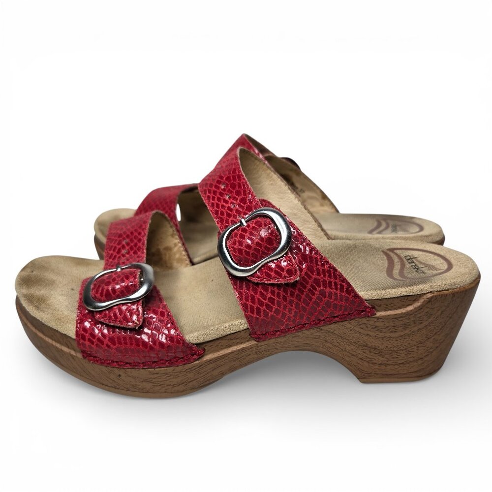 Dansko Sofie Ruby Red Snake Embossed Sandals Silv… - image 3
